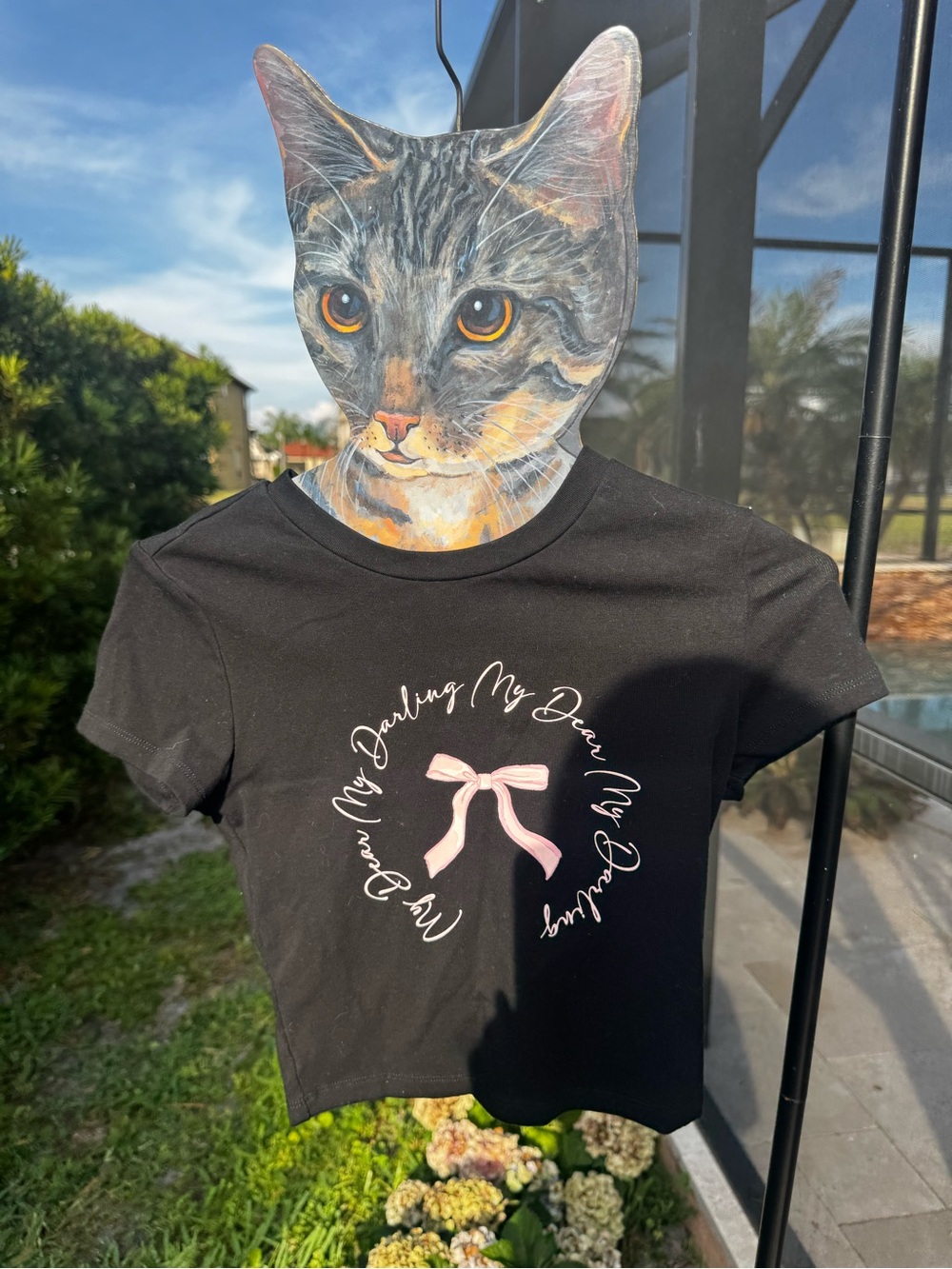 NWOT Women’s Black Graphic Tee with Pink Bow